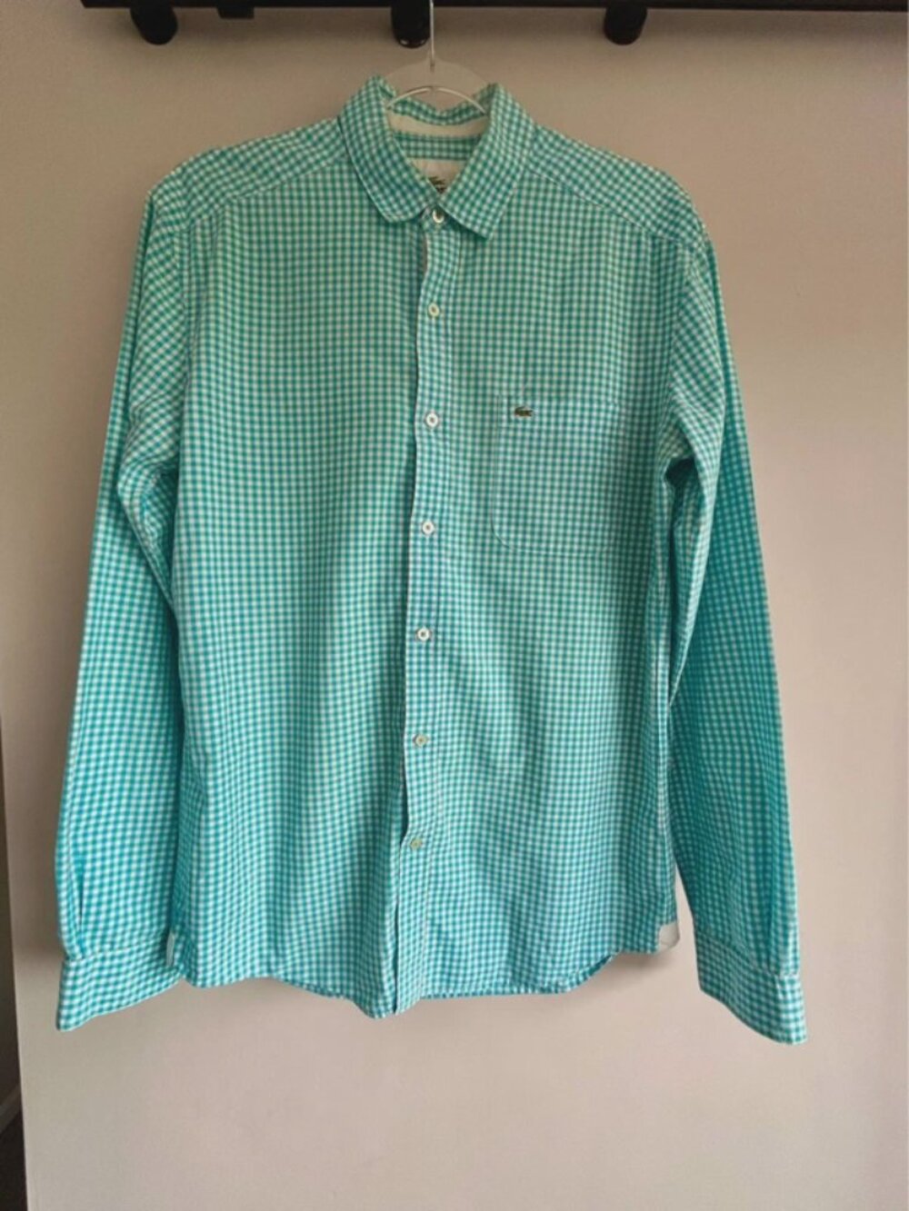 Vintage Lacoste Slim Fit Turquoise Gingham Check Shirt Mens Size 39 Medium M